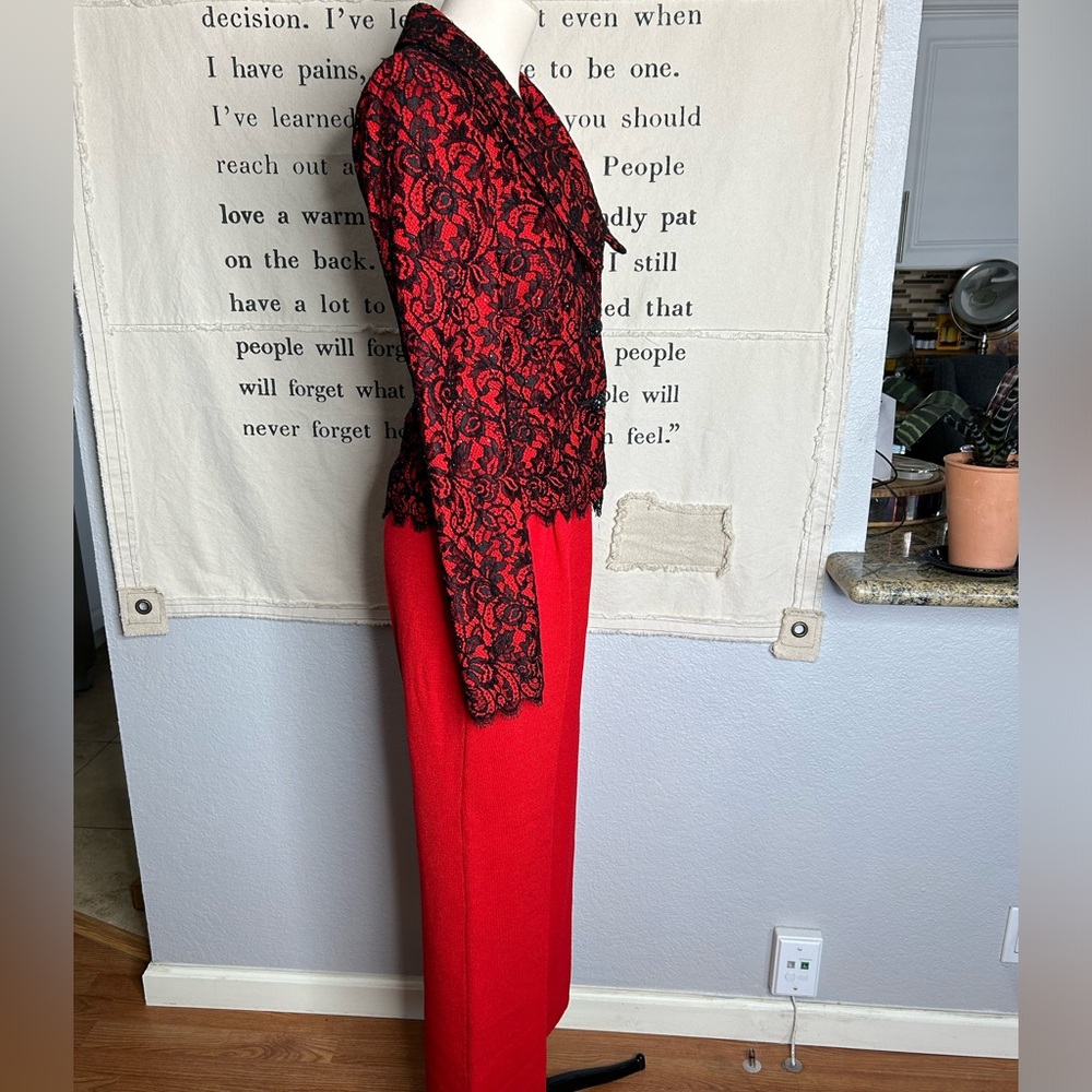 St.John floral lace jacket in Crimson with red Santana knit pants - Picture 6 of 6